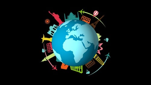 Animated Travel Globe with World Landmarks and Airplanes