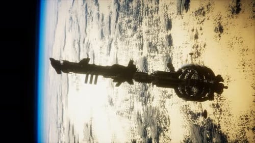 Futuristic Space Station Orbiting Earth with Sun Flare