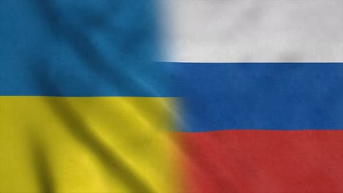 Ukrainian and Russian Flags Waving Side-by-Side Animation