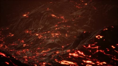 Rot-orange lebendige geschmolzene Lava fließt auf graues Lavafeld und glänzendes felsiges Land