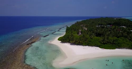 Wide above tourism shot of a summer white paradise sand beach and turquoise sea background