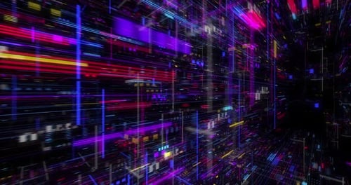 Flying over abstract motion background, a futuristic circuit board loop