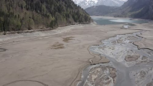 Drone view of a dried lake in the Swiss Alps