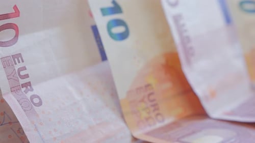 Lot of ten Euro European Union paper bank notes 4K 2160p 30fps UltraHD footage - Business concept b