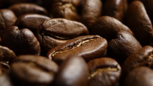 Rotation of Aromatic Roasted Coffee Beans. Close Up. Rotating
