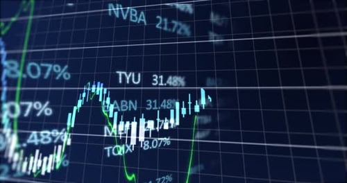 Animation of stock market display with stock market tickers and graphs 4k