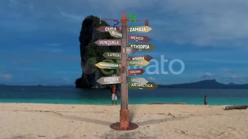 Animated 3D Signpost with Rotating Travel Destination Arrows
