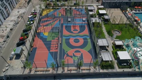 Drone Aerial View Sports Ground on Territory Modern Residential Complex