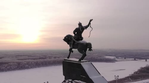Monument of Bronze Warrior and Horse in Winter