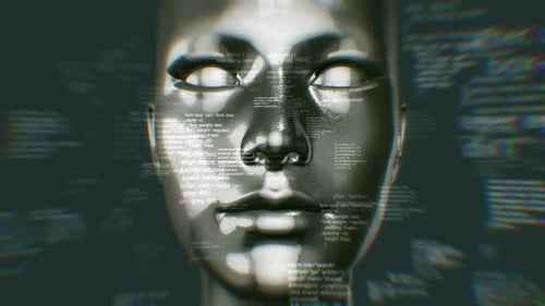 Abstract Digital Face with Coding Overlay and Glitch Effect