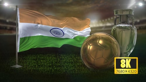 India Flag Waving with Golden Soccer Ball and Silver Trophy