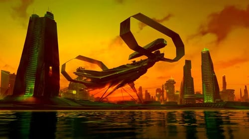 Futuristic Sci-Fi Cityscape with Hovering Vehicle Animation