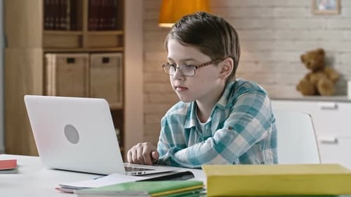 Boy Using Laptop at Desk at Home