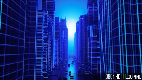 Neon Wireframe Glowing Cityscape Loop