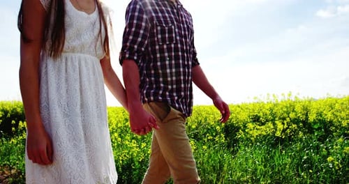 Romantic couple holding hands while walking in field