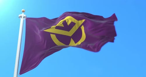 Realistic Waving Purple Flag with Yellow Abstract Emblem