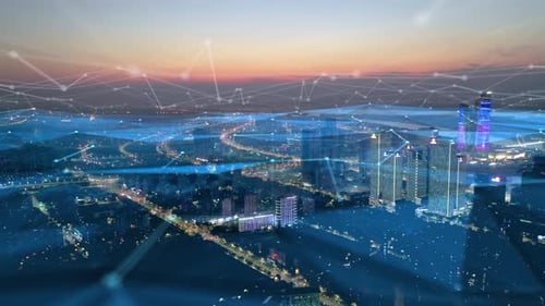 smart Connected city skyline. Futuristic network concept, city Technology.