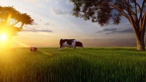 Cows Grazing in Idyllic Green Field at Golden Sunset