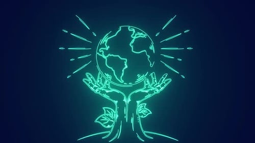 Glowing Neon Hands Holding Earth Globe Line Art Animation