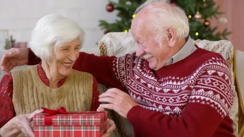 Senior Couple Exchanging Gifts at Christmas Time