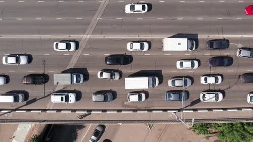 Transport Aerials Top Down View of Freeway Busy City Rush Hour Heavy Traffic Jam Highway Bridge