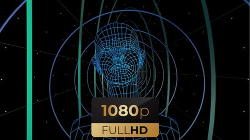 Futuristic Wireframe Human Head with Abstract Rings Background