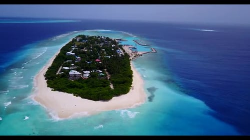 Aerial drone view panorama of relaxing bay beach break by transparent sea with white sandy backgroun