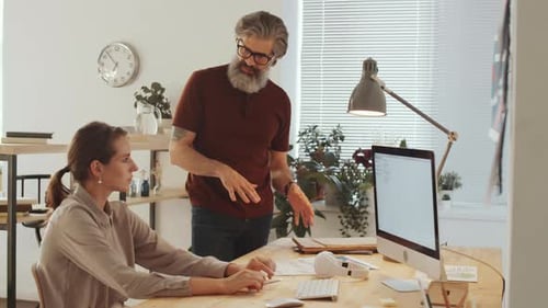 Woman Working at Desk with Man Explaining