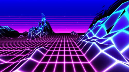Looped Retro-Videospiel Horizon-Landschaft mit Neonlichtern und Low-Poly-Terrain