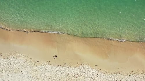 Aerial above travel of beautiful shore beach adventure by blue ocean with white sandy background of