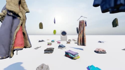 Animated 3D Laundry Washing Machine with Floating Clothes