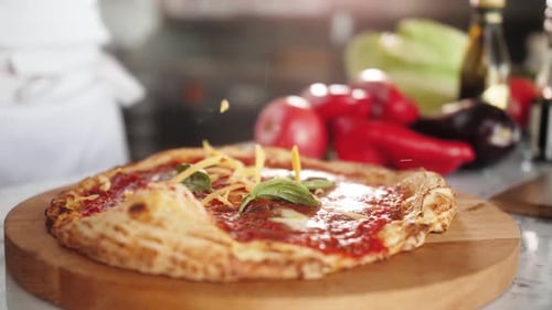 Italian Chef Making Margaritta Pizza with Tomato Sause and Mozzarella Traditional Food in Italy High
