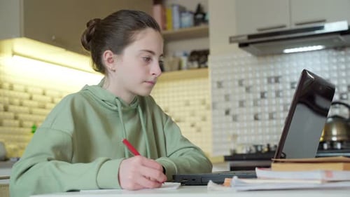Teen Studying at Table with Laptop and Notes