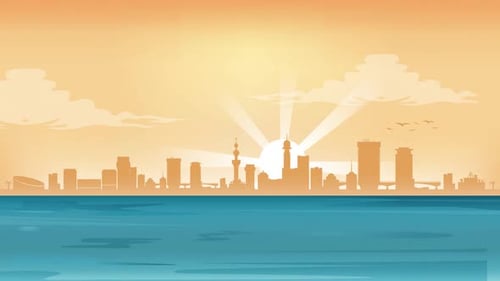 Amanecer en la ciudad con magníficos edificios y lago