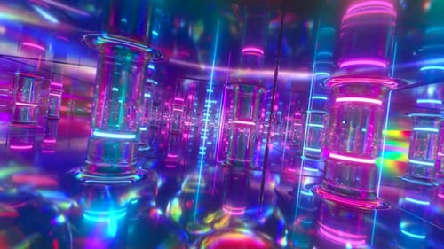 Fliegen Sie durch einen futuristischen Korridor entlang Neonglas-Säulen