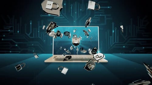 Digital Laptop Security Intro with Falling Shield and Lock Icons