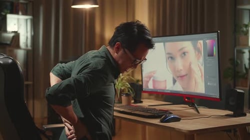 Editor digital masculino que se duele la espalda mientras trabaja en un software de edición de fotos en su computadora personal