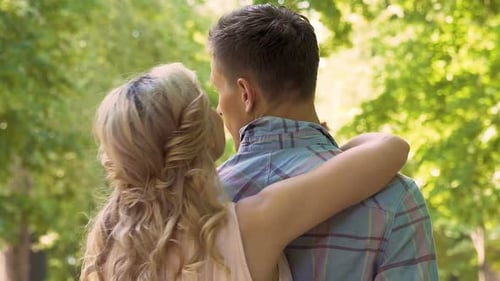 Smiling Girlfriend Hugging Boyfriend in Park, Romantic Date Outside, Tenderness