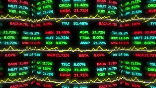 Animation of stock market display with stock market tickers and graphs 4k