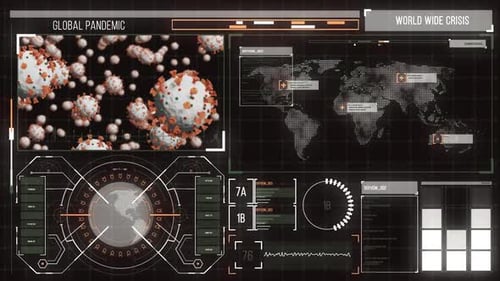 Digital interface with man with Covid-19 cells moving on screen