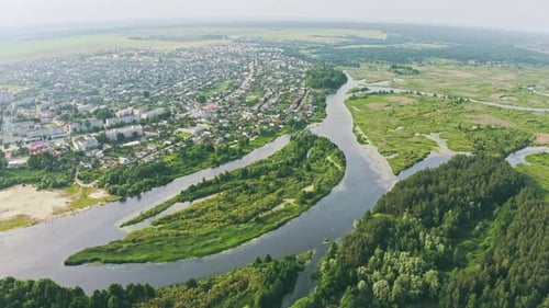 Aerial View Of River Landscape In Summer Day