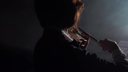 Dark Studio Where a Musician Plays the Violin While Standing with His Back. Black Smoke Background