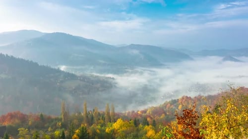 Autumn Mountain Valley Covered in Fog