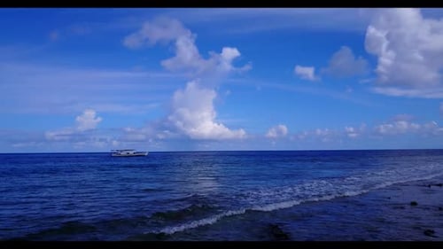 Aerial travel of relaxing sea view beach trip by blue lagoon and white sandy background of adventure