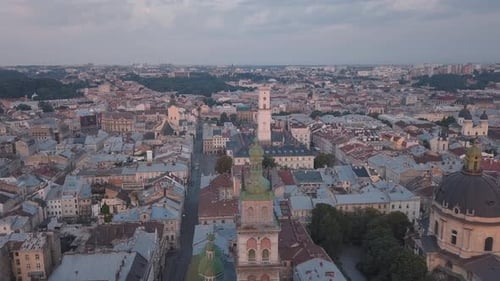 Aerial City Lviv, Ukraine. European City. Popular Areas of the City. Town Hall