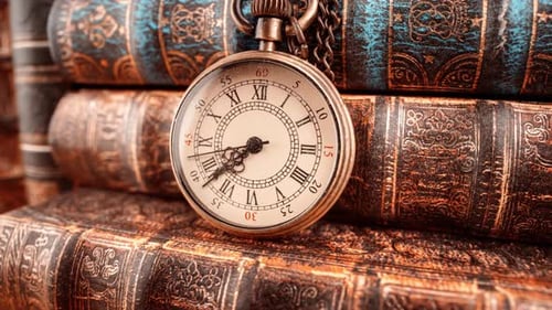 Antique Pocket Watch on Stack of Old Books