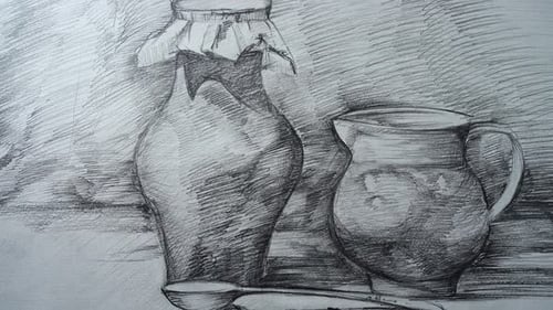 Detailed Pencil Drawing of Jar and Pitcher Still Life