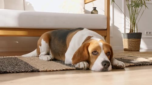 Dog Beagle Lies at Home on the Floor and Preparing to Sleep