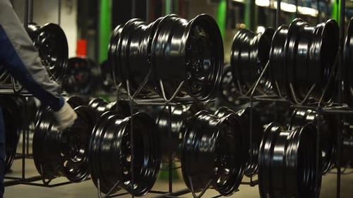Shiny New Car Wheels on Rack in Factory