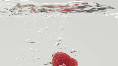 Frische Erdbeerfrüchte, die in Superzeitlupe ins Wasser fallen gelassen wurden